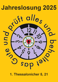 Losung um eine TÜV Plakette herum mit Lutherrose im Zentrum